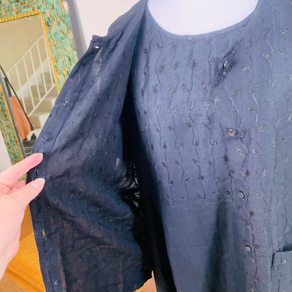 Vintage Size XL Linen Rayon 2-Piece Lagenlook Artsy Black Embroidered Dress Set - Picture 7 of 10